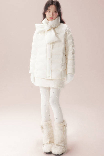 Bow-Knot Scarf Mid-Length Down Jacket