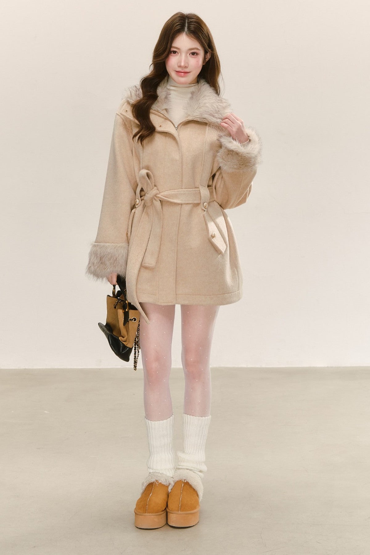 Quilted Faux Fur Collar Lace-Up Woolen Jacket