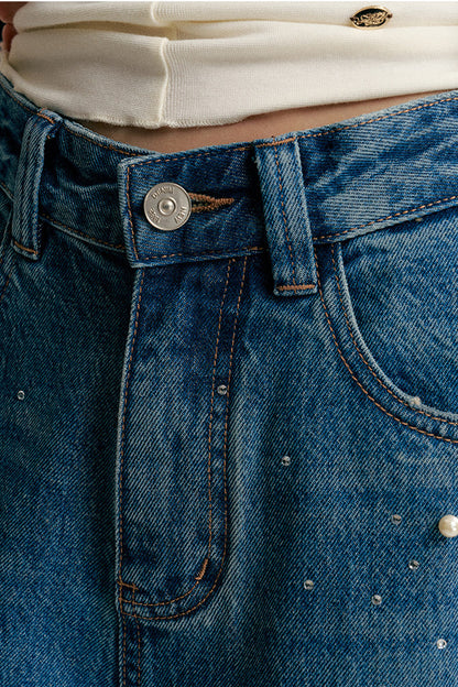 Pearl Rhinestone Wide Leg Jeans