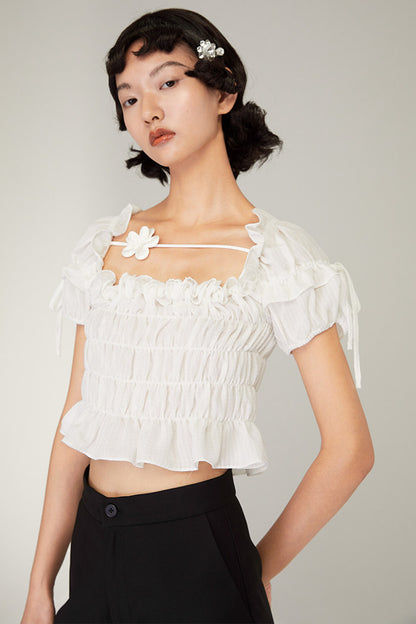 French-Style Black Ruffled Smocked Blouse