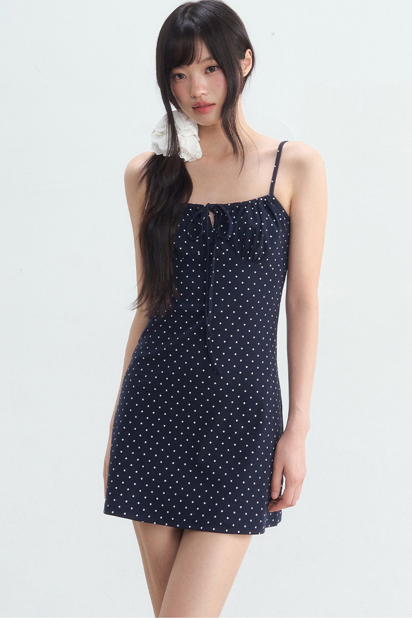 Navy Polka Dot Suspender Dress With Cardigan