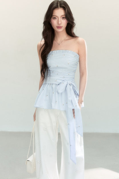 Ensemble haut tube épaules dénudées rayé doux et mignon avec pantalon