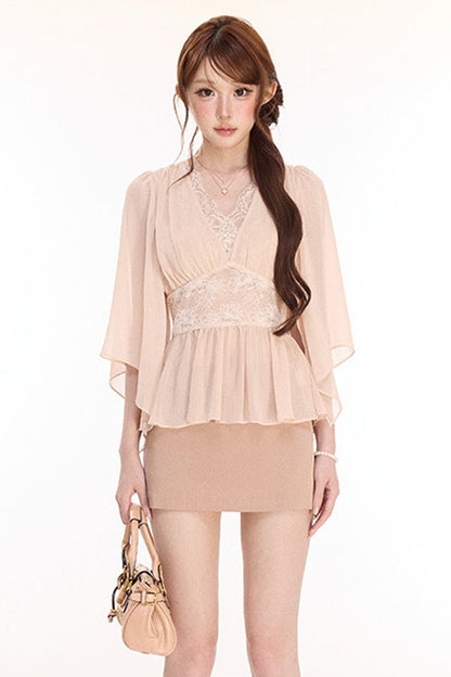 Half-Open Lace Satin Chiffon Top and Hip-Hugging Skirt Set-Up