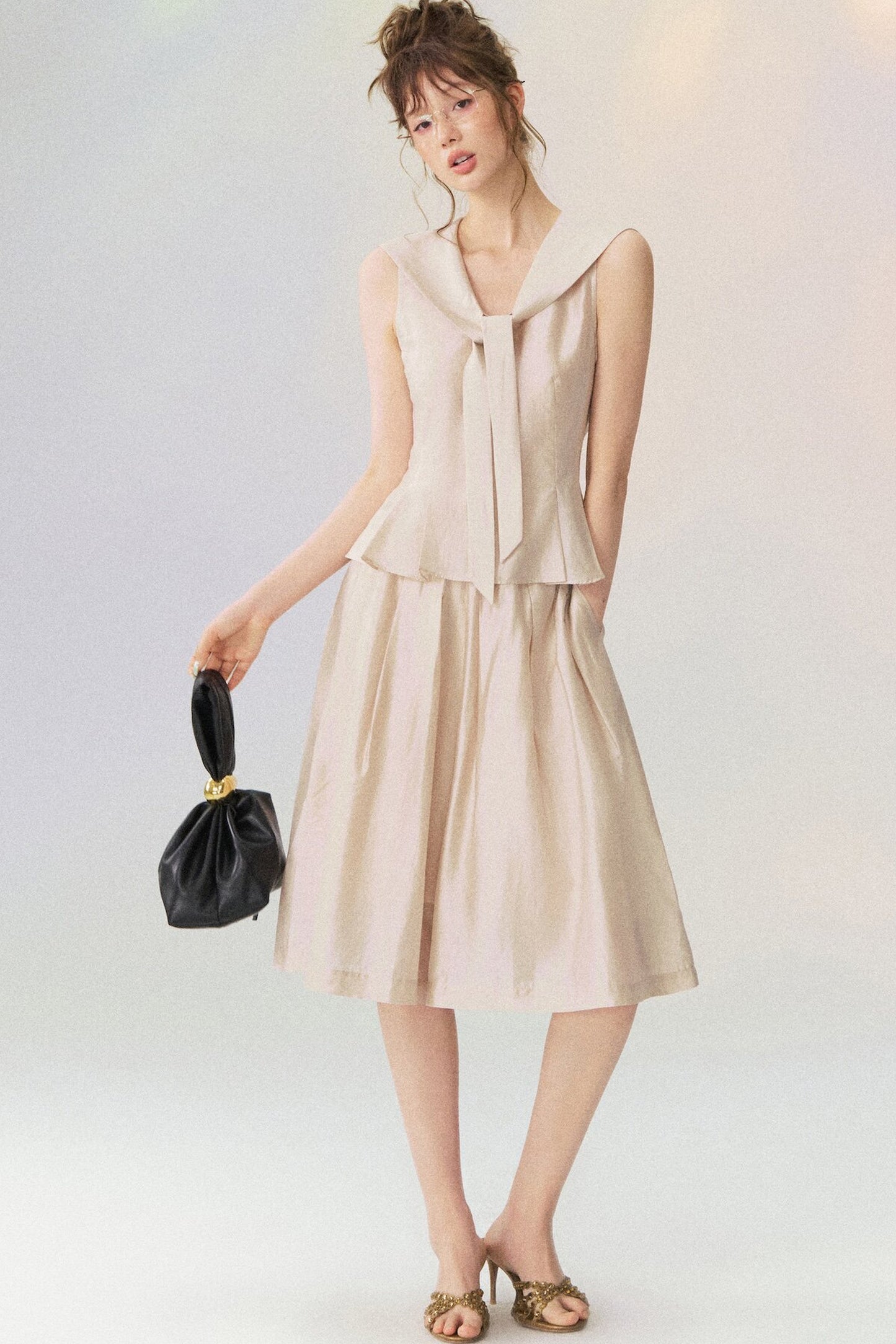 Sleeveless Sailor Collar Shirt and Pleated Pants Set-Up
