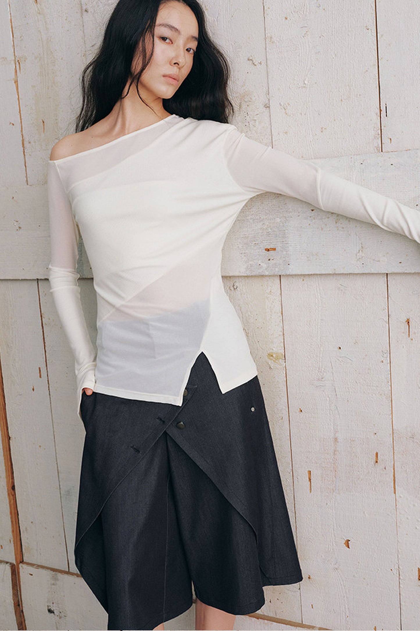 Asymmetrical Sheer Long Sleeve Top