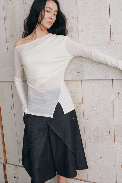 Asymmetrical Sheer Long Sleeve Top