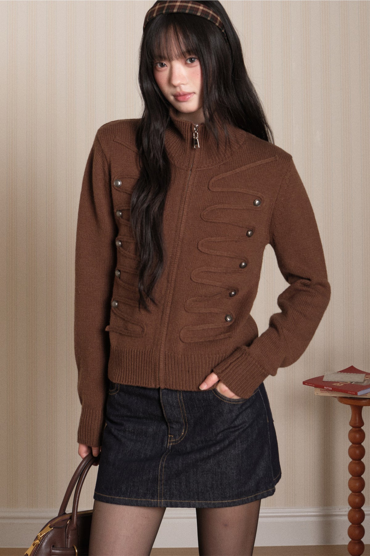 Napoleon Style Zipper Knit Cardigan