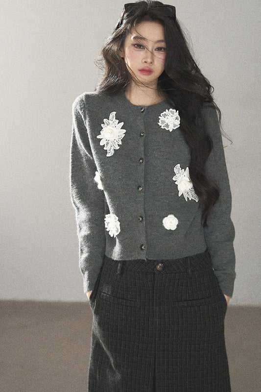 Three-Dimensional Floral Knit Sweater Cardigan