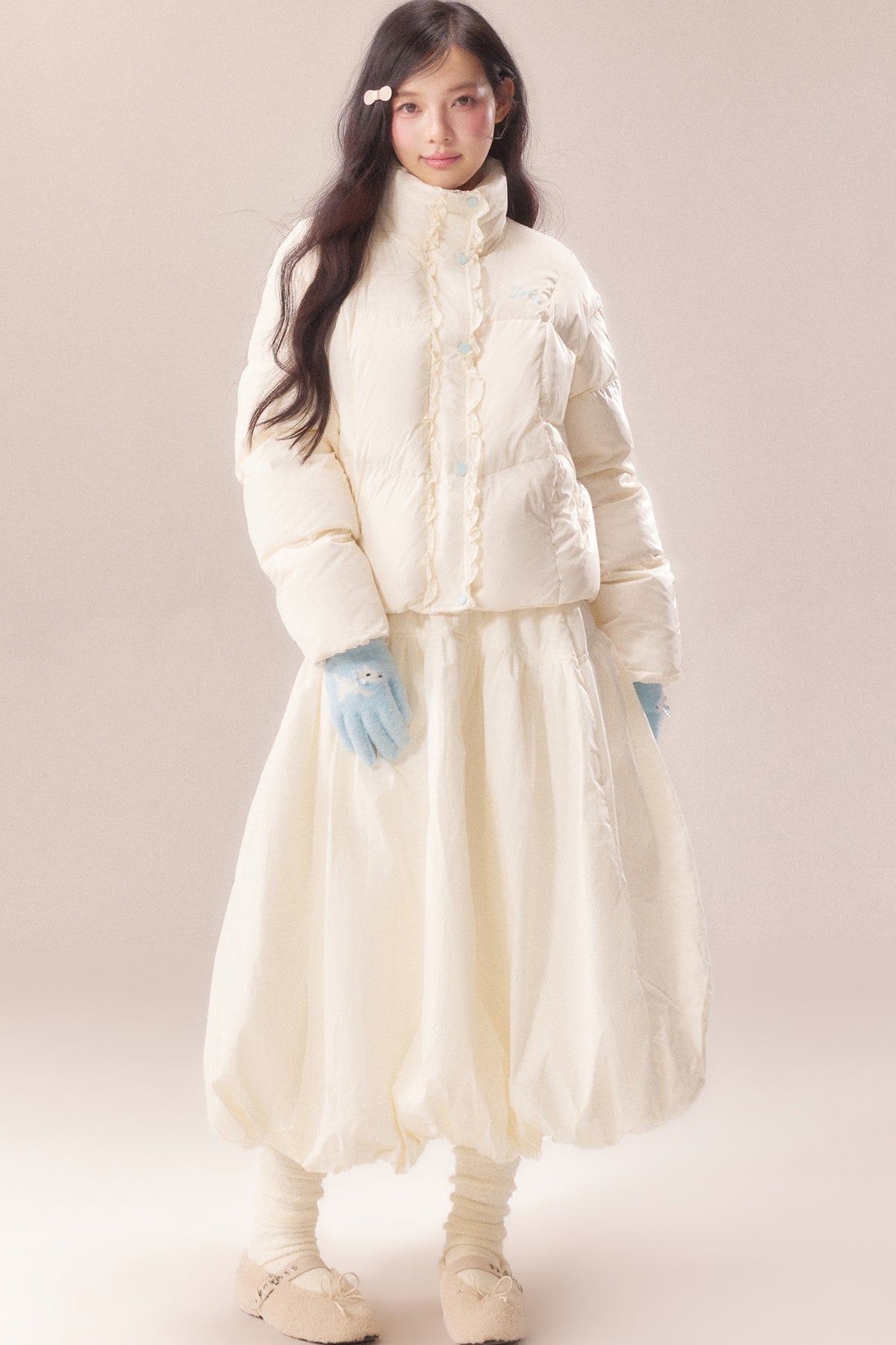 Short Embroidered Bow Lace Down Jacket
