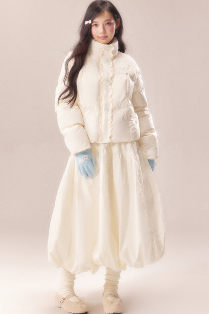 Short Embroidered Bow Lace Down Jacket