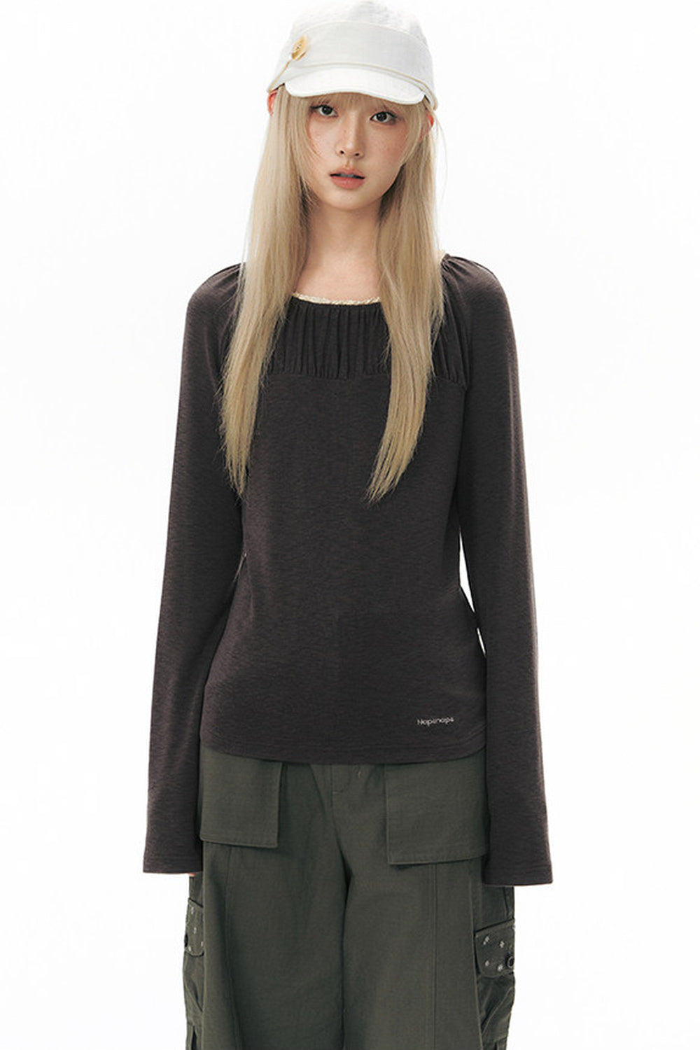 Pleated Striped Knit Base Layer Top
