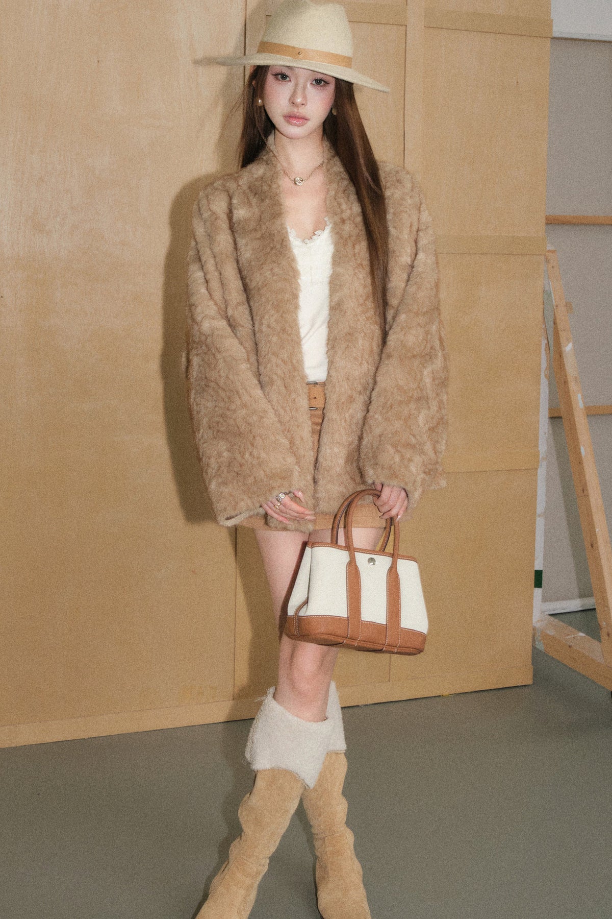 Oatmeal Camel Eco-Friendly Fur Coat Set-Up