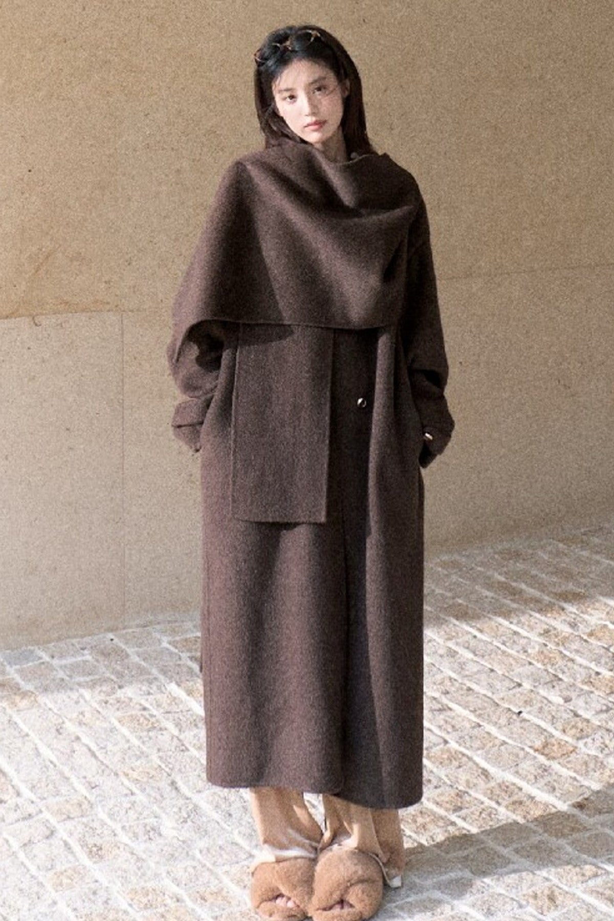 Double-Sided Wool Scarf Collar Coat