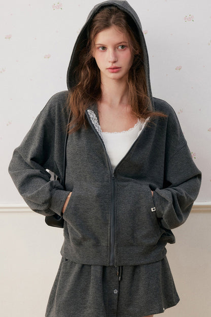 Lace Trim Hoodie And A-Line Skirt Set-Up