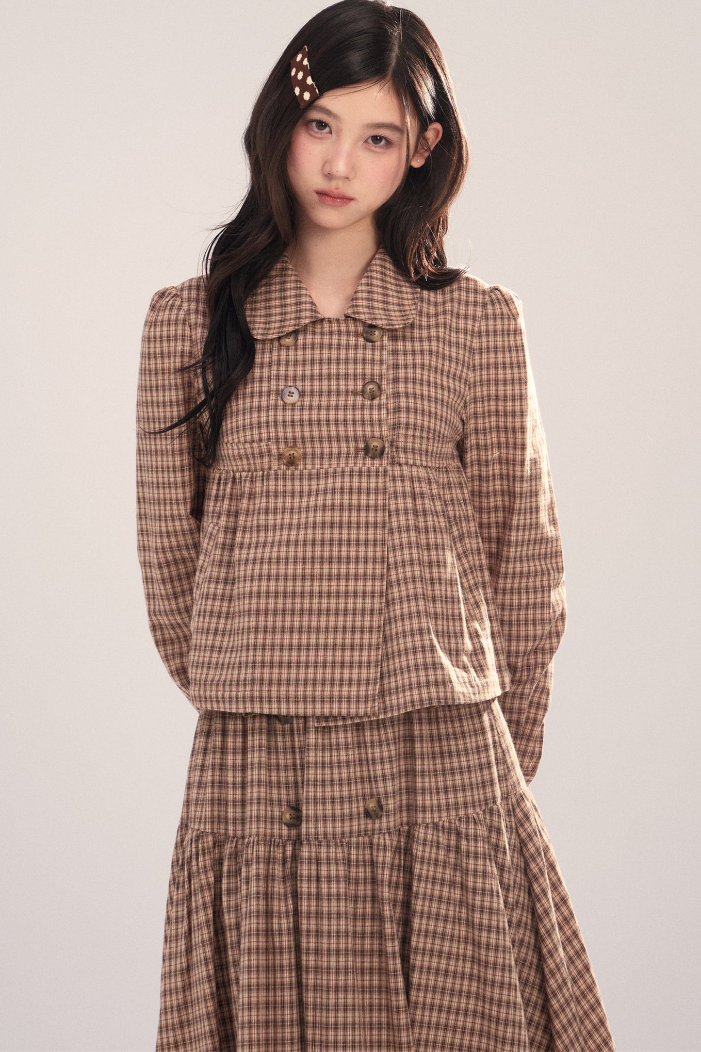 Long-Sleeved Plaid Shirt and Skirt Set-Up
