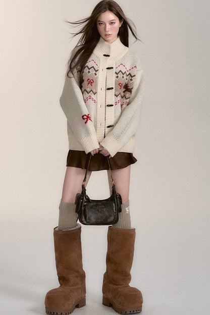Fair Isle Dog Pattern Wool Cardigan