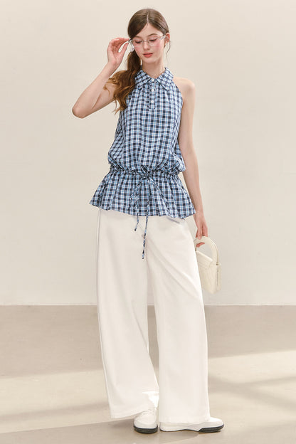 Plaid Sleeveless Halter Drawstring Top Set-Up