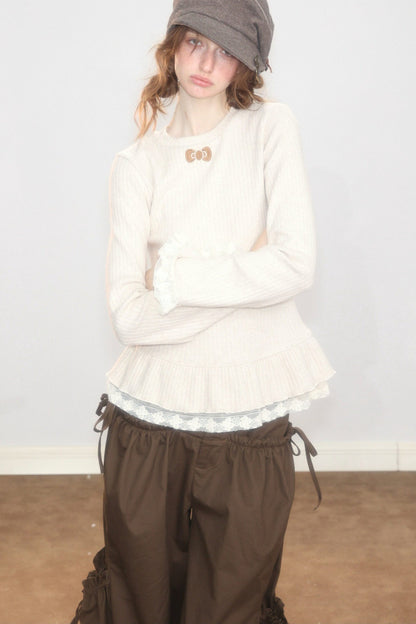 Lace Ruffle Hem Knit Top