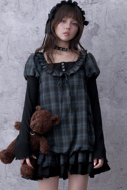 Robe babydoll à carreaux bleu et noir