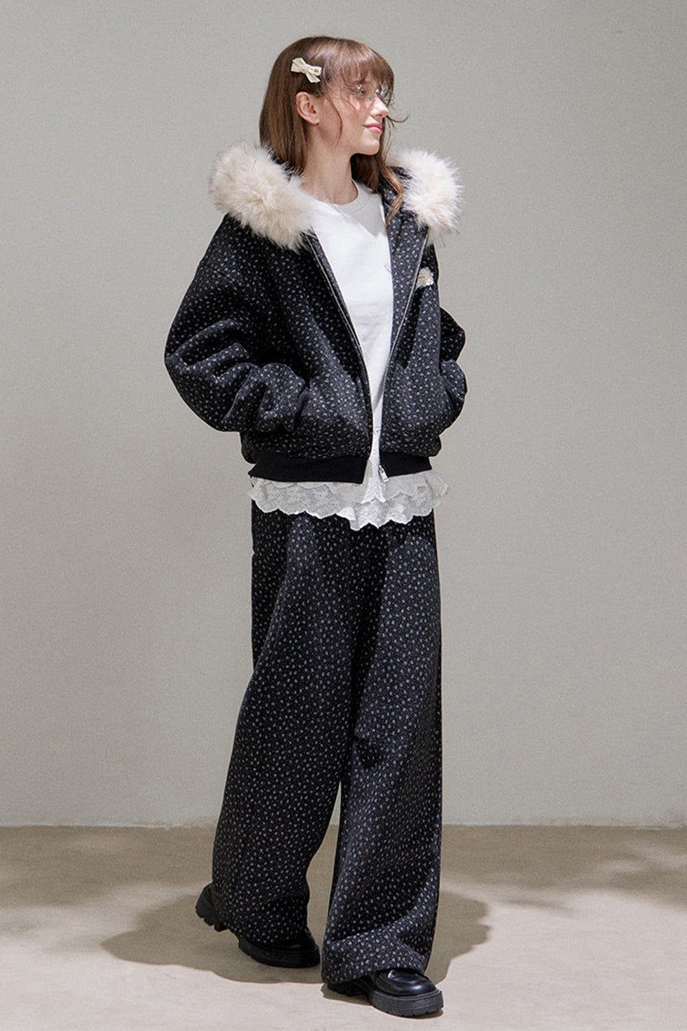 Floral Fur Collar Padded Jacket and Pants