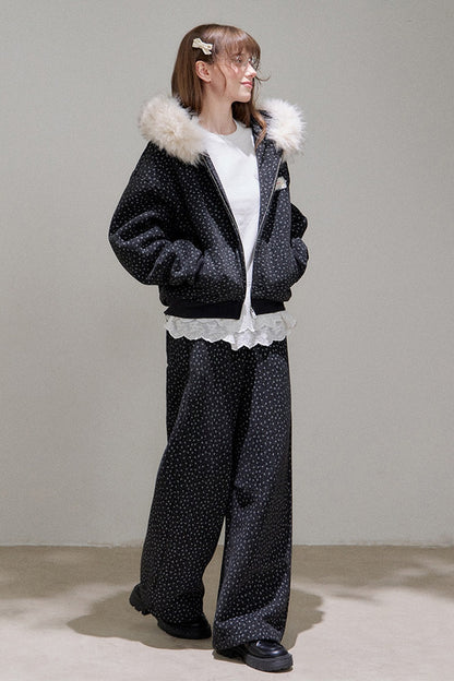 Floral Fur Collar Padded Jacket and Pants