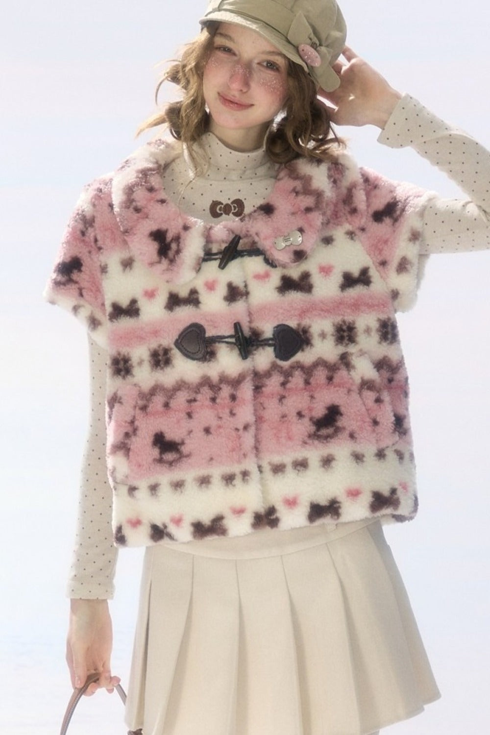 High-Waisted Apricot Pleated Woolen Skirt