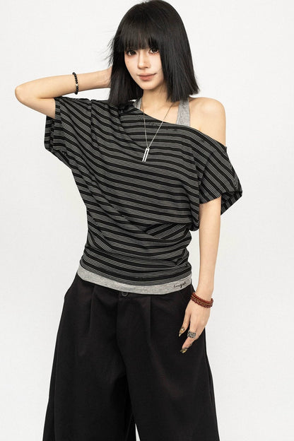 Retro Striped Halter Off-Shoulder Top