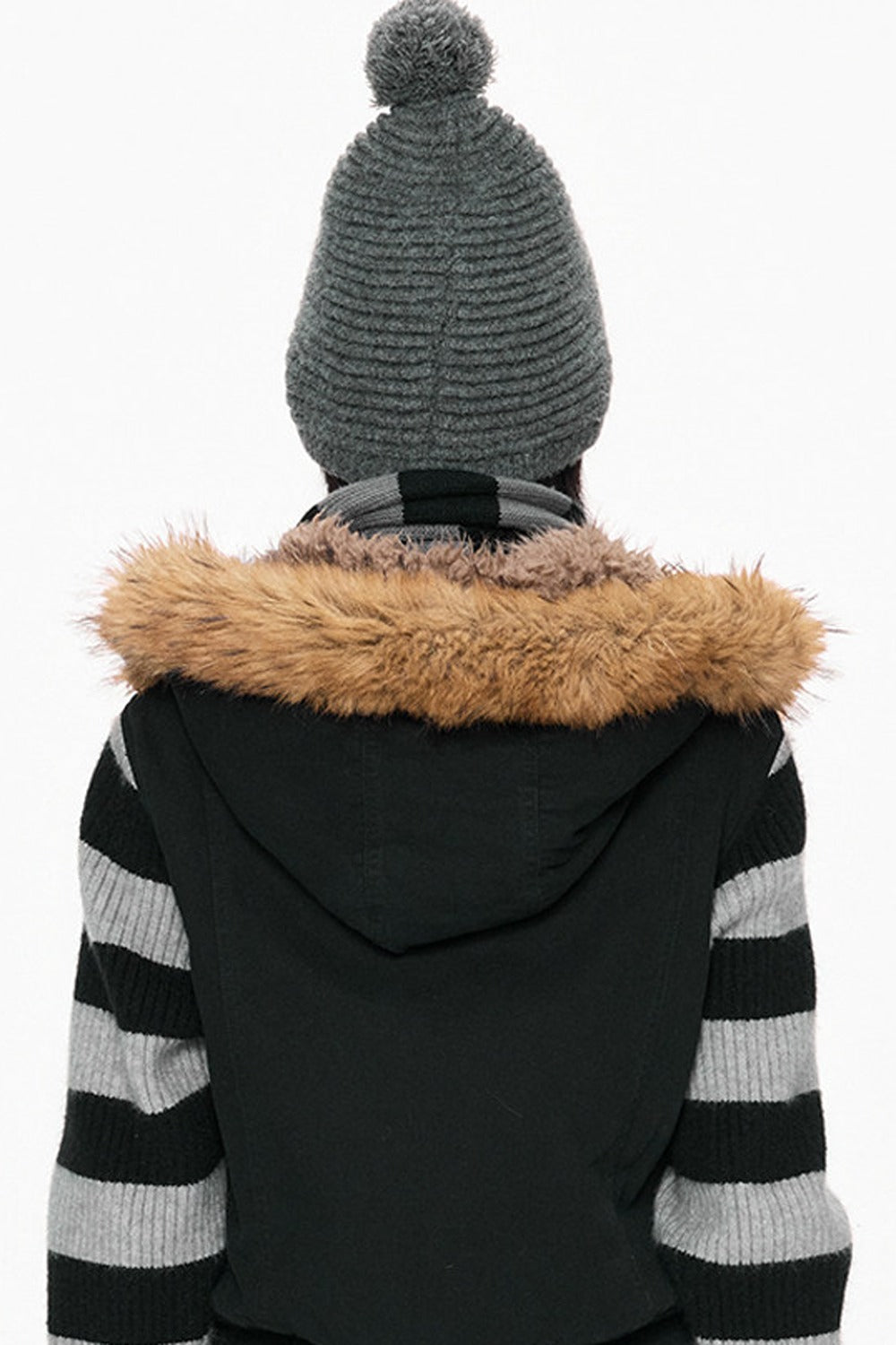 Fur Collar Hooded Striped Jacket