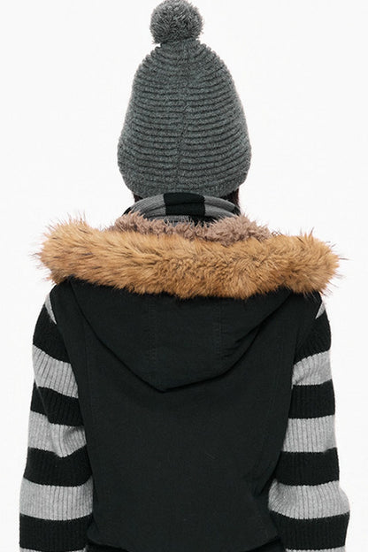 Fur Collar Hooded Striped Jacket