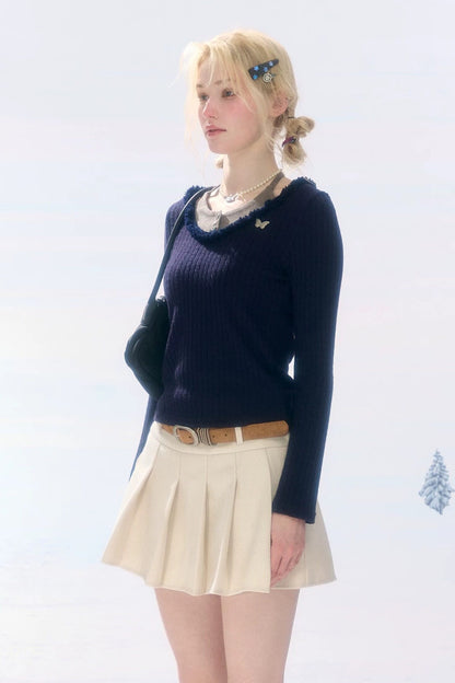 High-Waisted Apricot Pleated Woolen Skirt