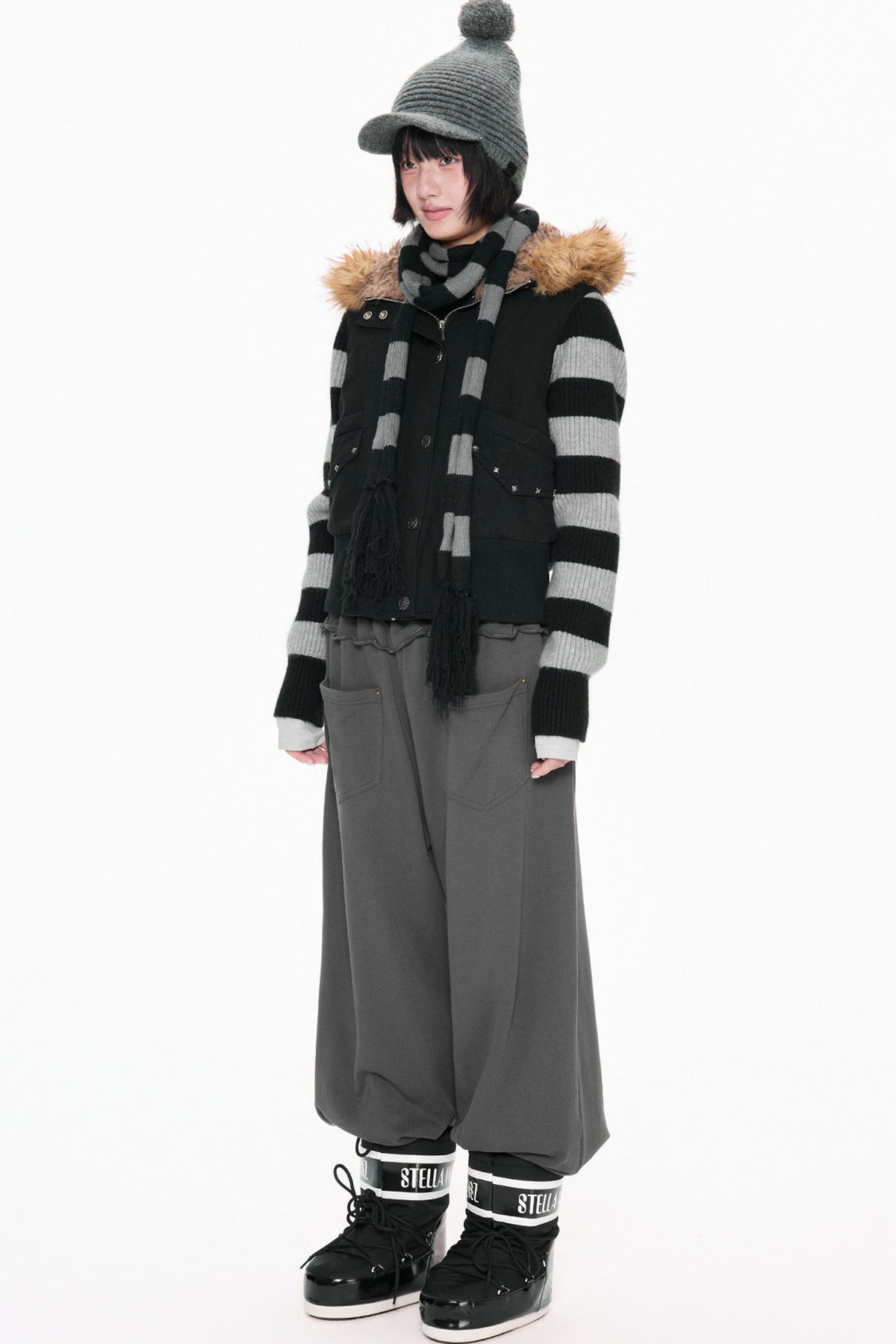 Fur Collar Hooded Striped Jacket