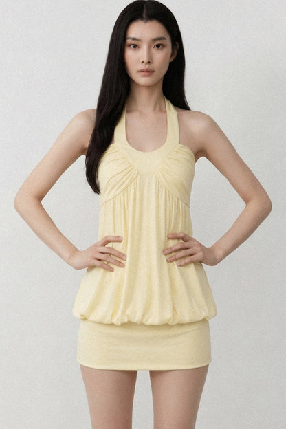 Solid Color Halter V-Neck Backless Ruched Dress