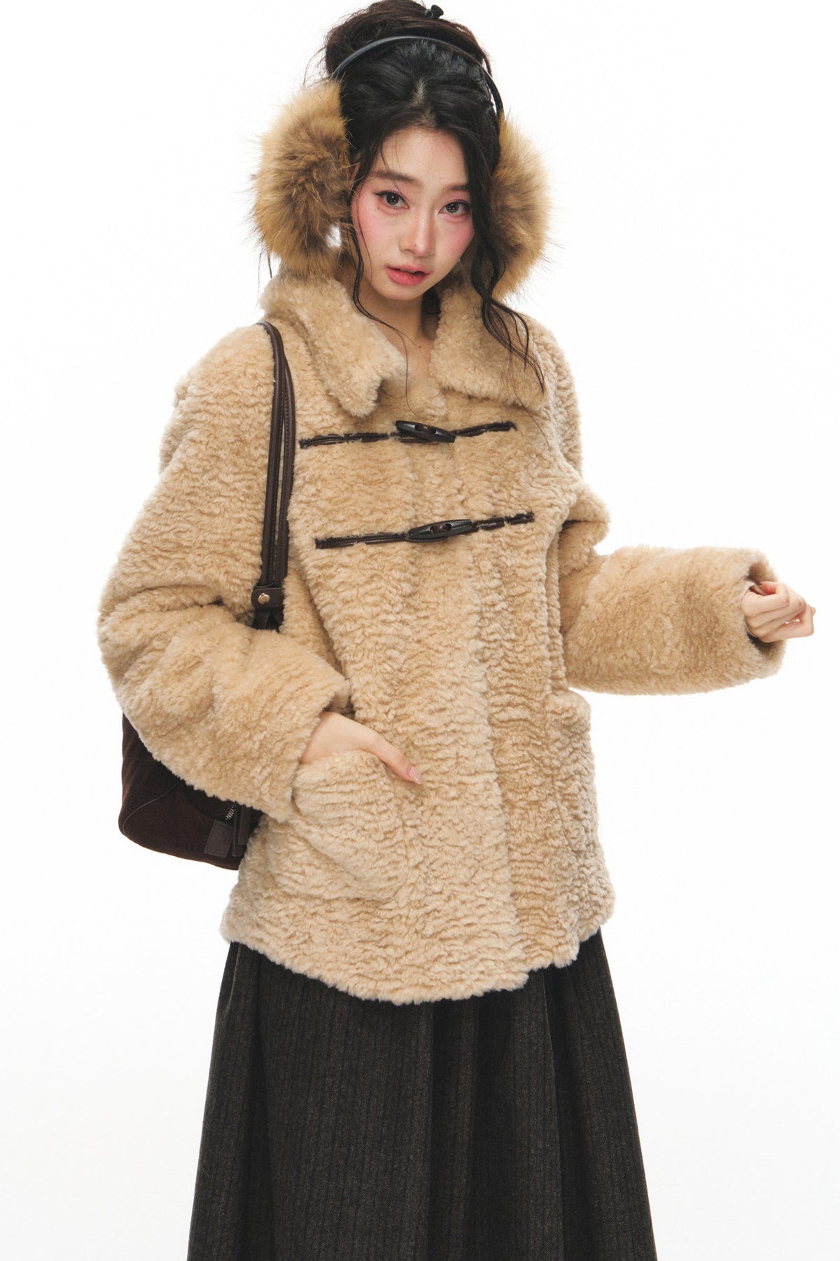 Fur Collar Horn Button Jacket Skirt Set-Up