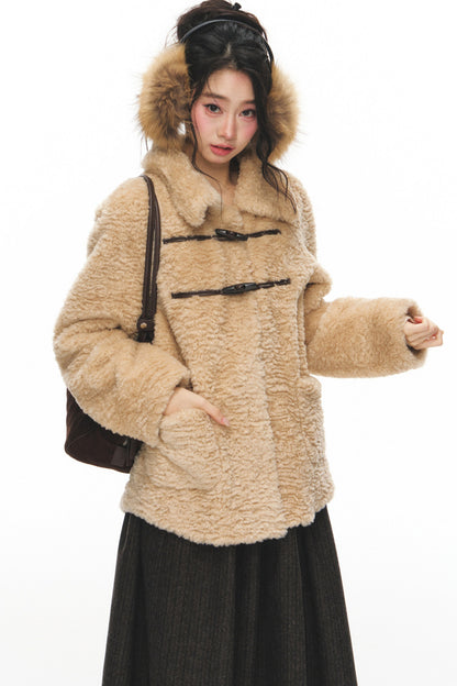 Fur Collar Horn Button Jacket Skirt Set-Up