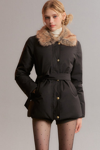 Black Fur Collar Tie-Waist Down Jacket