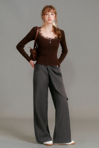 Wool Blend Lace Trim U-Neck Knit Top