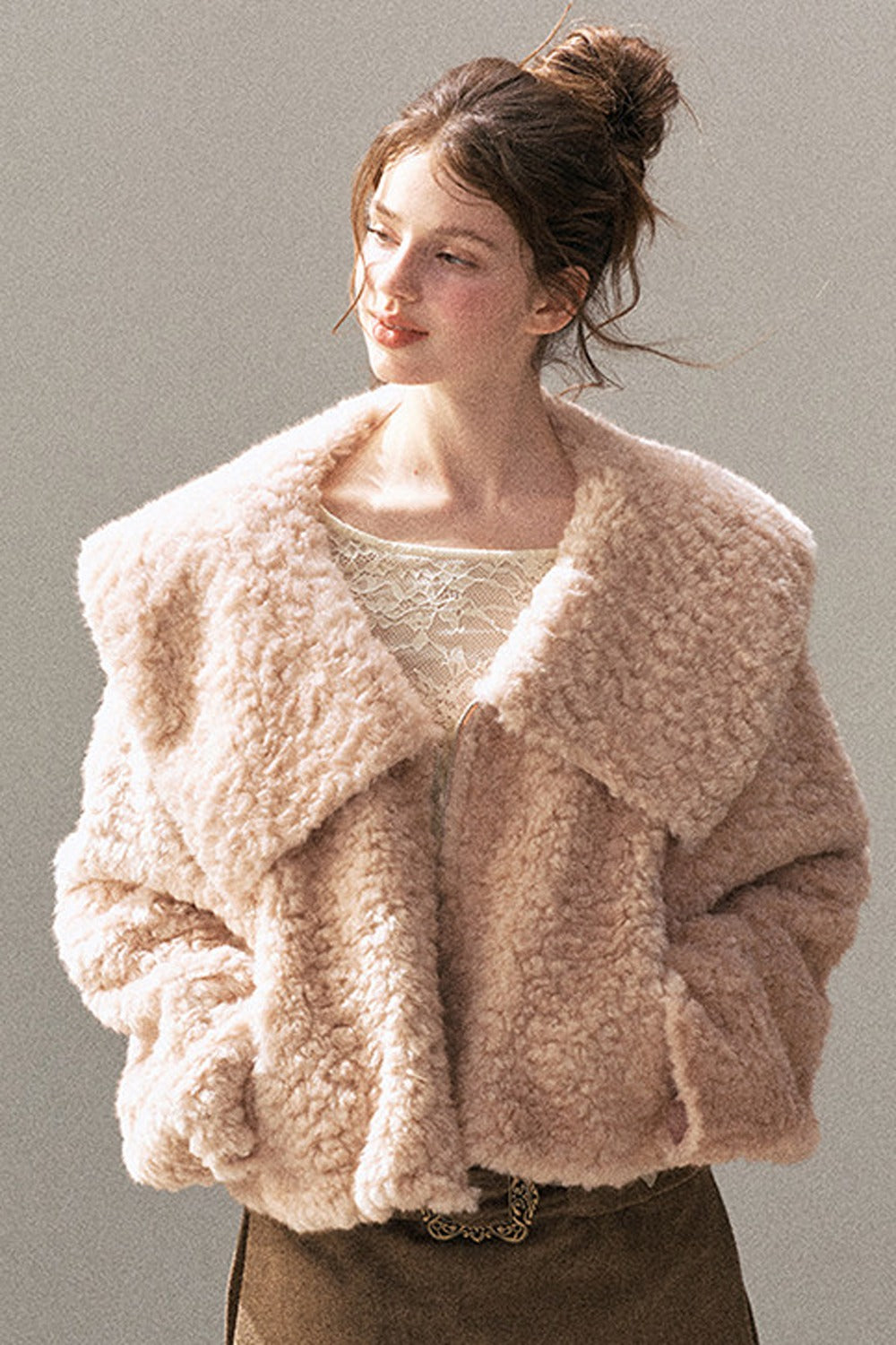 Large Lapel Textured Faux Fur Teddy Jacket