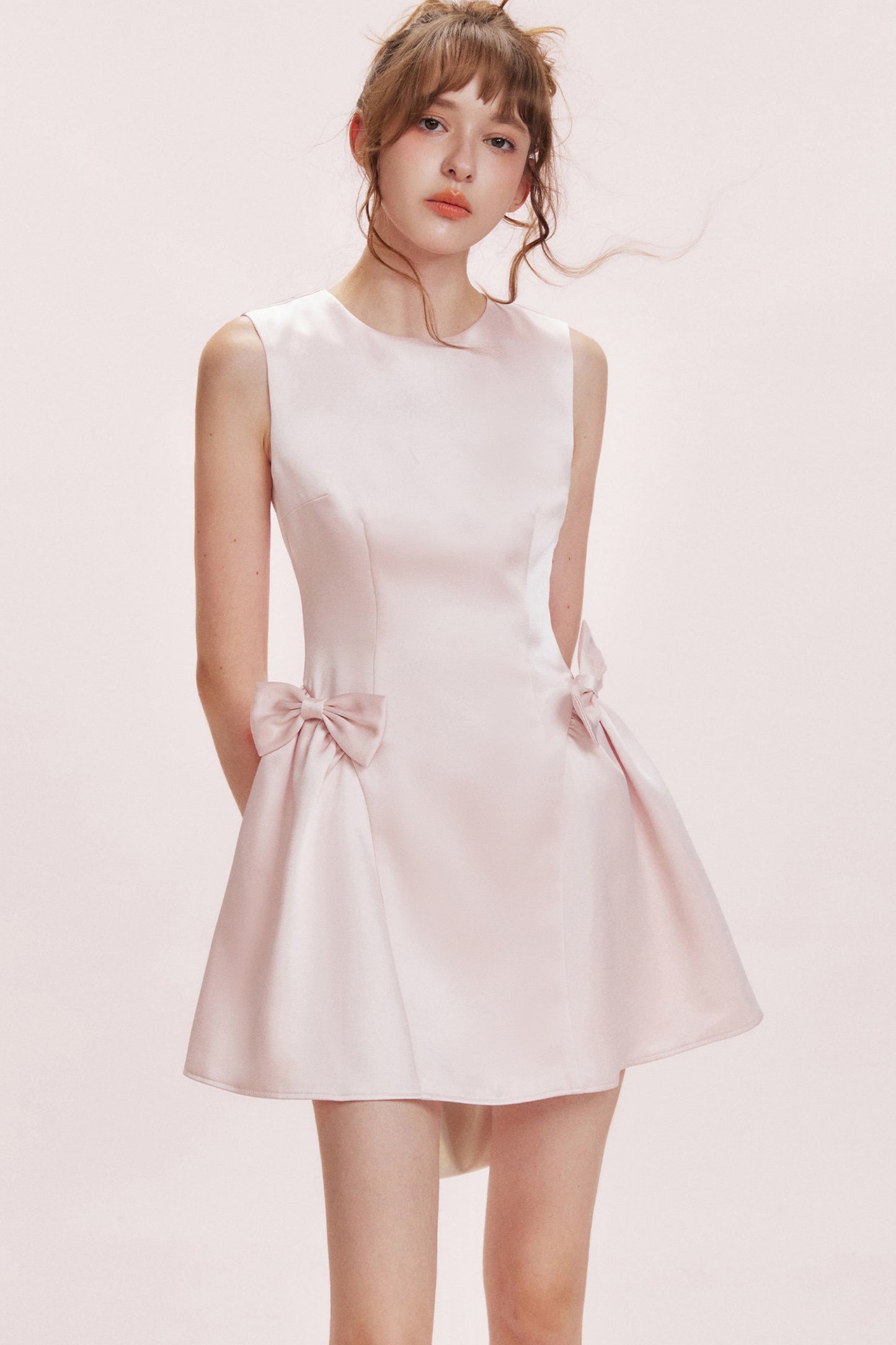 Double Bow Satin Vest Dress and Cardigan Set-Up
