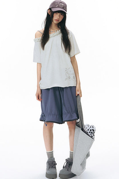 Starwii Printed Ruffled Asymmetrical Shoulder T-Shirt