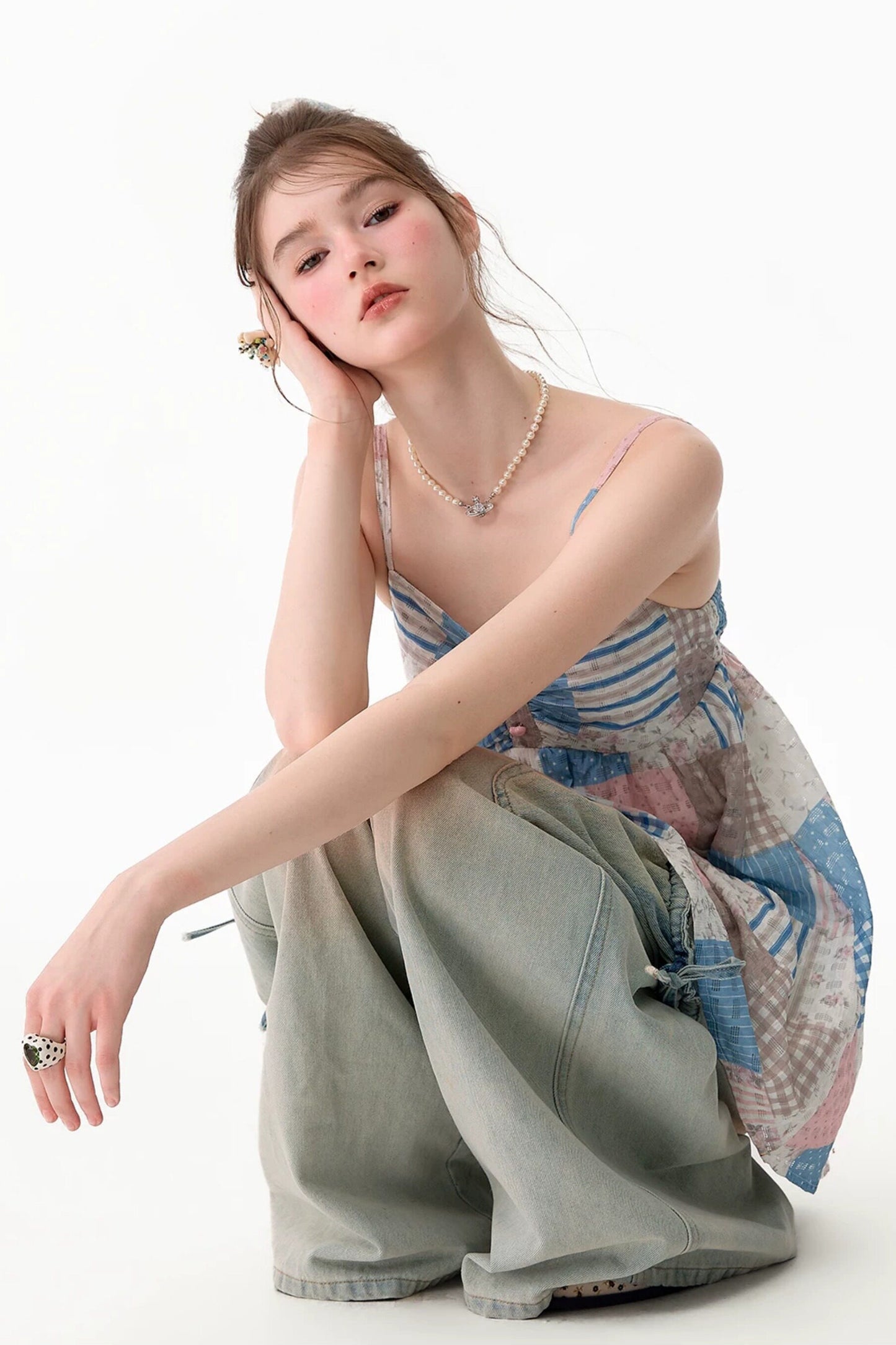 Contrasting Floral Plaid Tank Top