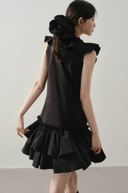Ruffle V-Neck Tie Sleeveless Black Dress