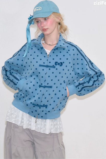 Blue Polka Dot Zipper Hoodie Jacket