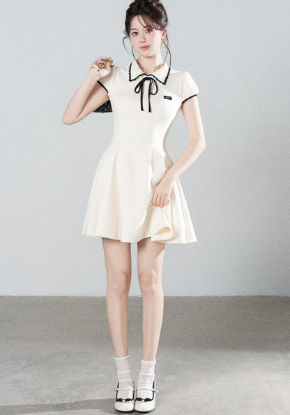 French Style Puff Sleeve Cinched Waist Dress