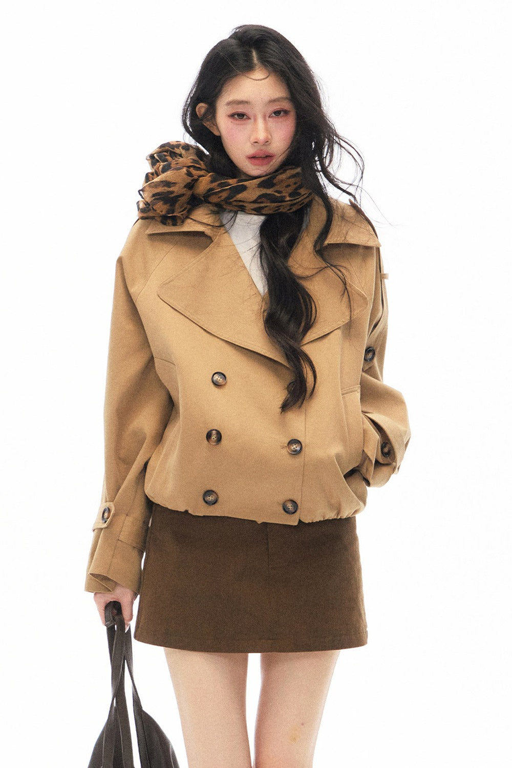 Khaki Double-Breasted Trench Coat and Skirt Set-Up