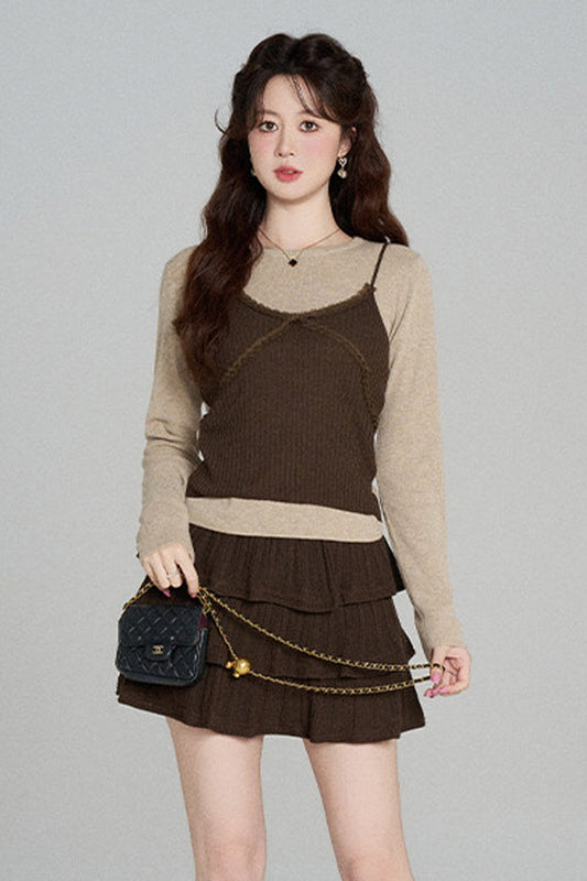 French Style Coffee Knit Top and Skirt Set-Up
