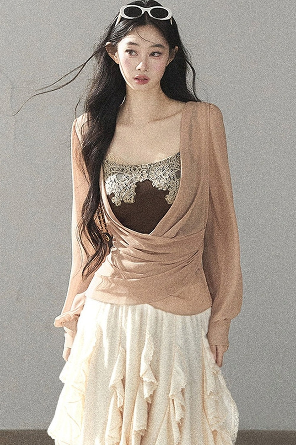 Semi-Sheer Ruffled Chiffon Blouse and Cami Set