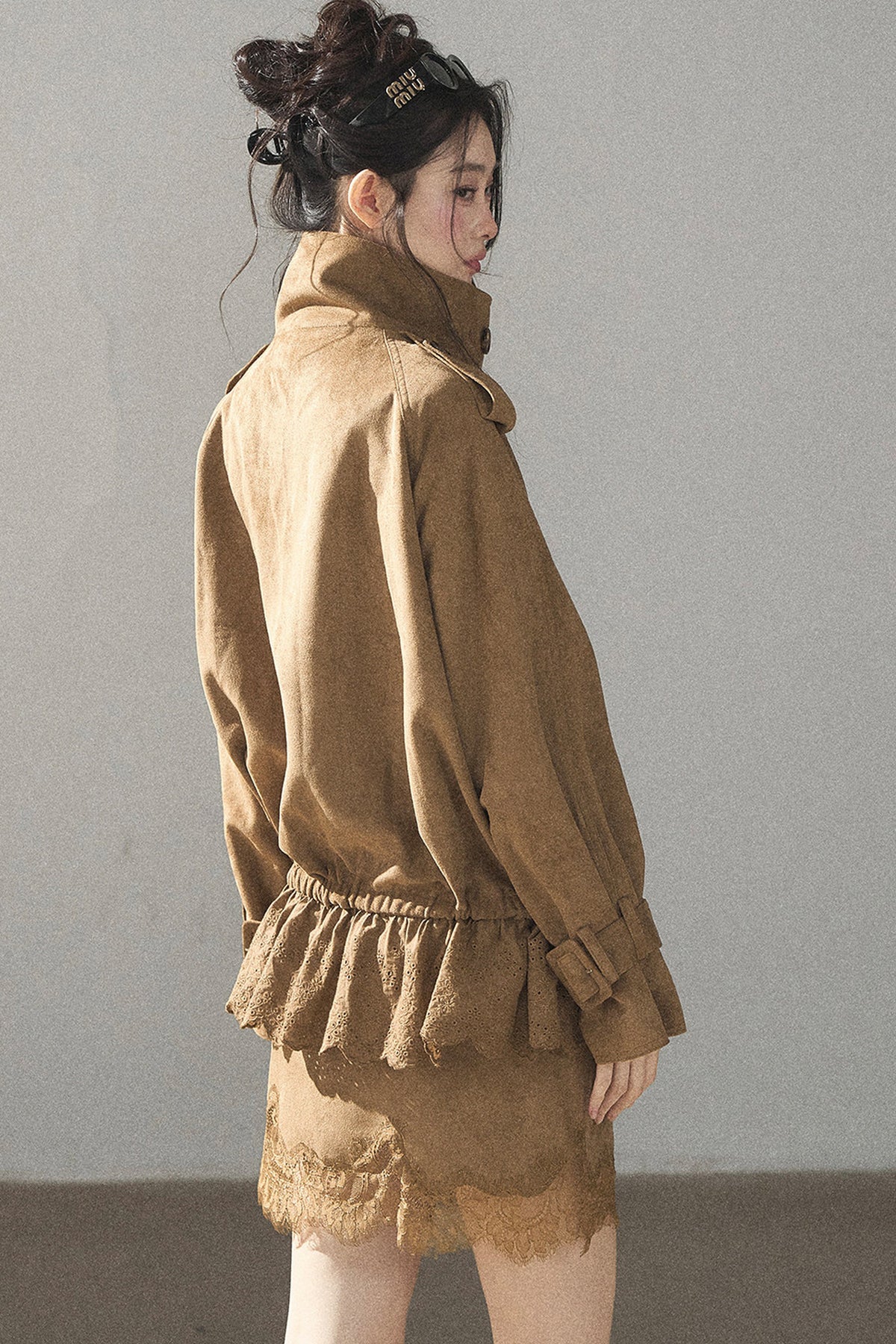 Double-Breasted Faux Suede Trench Coat and Skirt