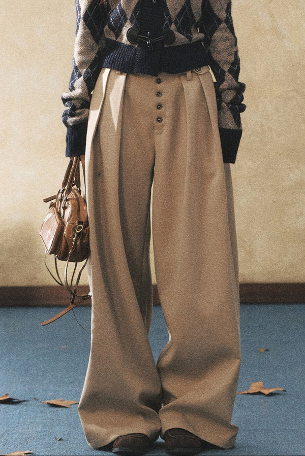 Khaki Wide-Leg Casual Pants