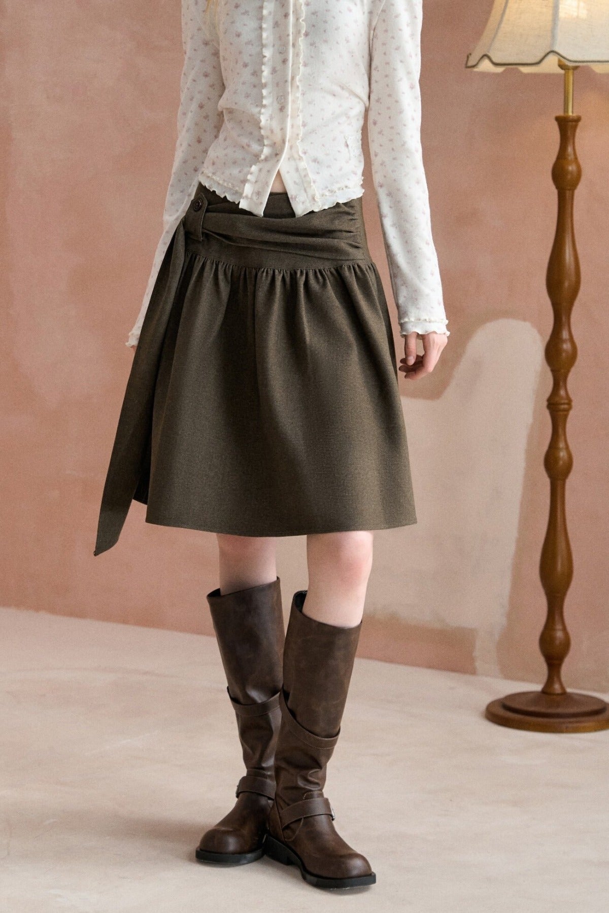 Tie-Waist Pleated A-Line Skirt