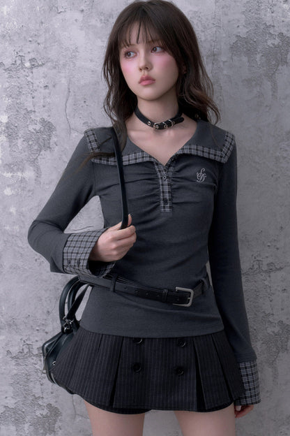 Gray Large Lapel Ruched Patchwork Blouse